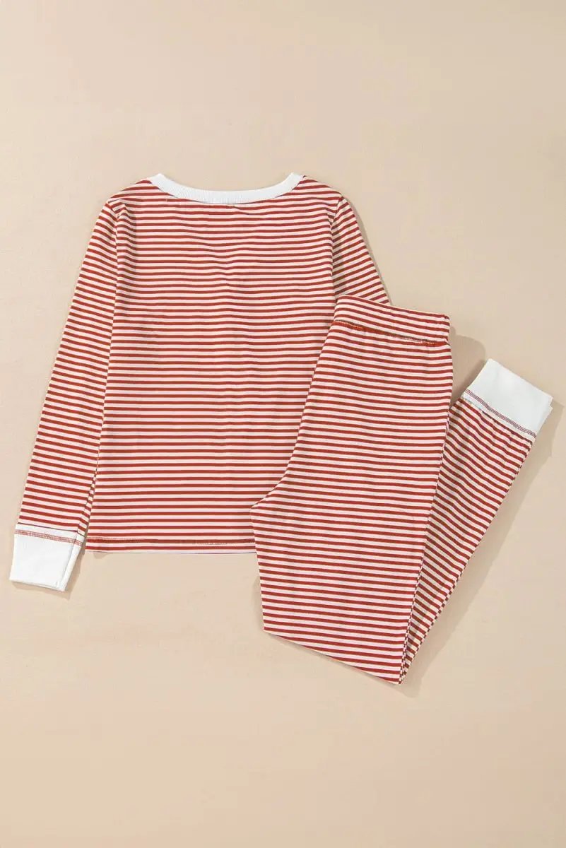 Red Stripe Buttoned V Neck Top and Knotted Waist Pants Lounge Set - Love Salve